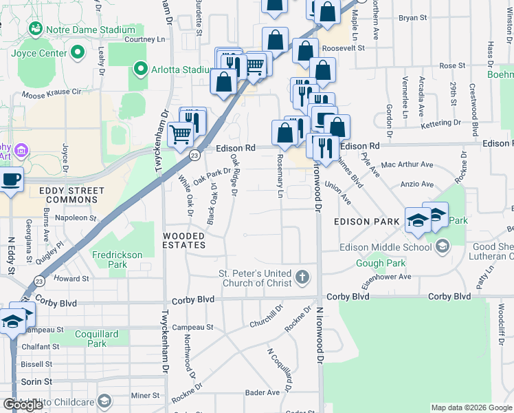 map of restaurants, bars, coffee shops, grocery stores, and more near 1836 Peachtree Lane in South Bend