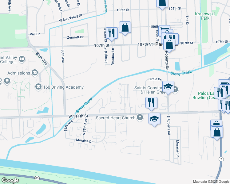 map of restaurants, bars, coffee shops, grocery stores, and more near 3 Millstone Court in Palos Hills