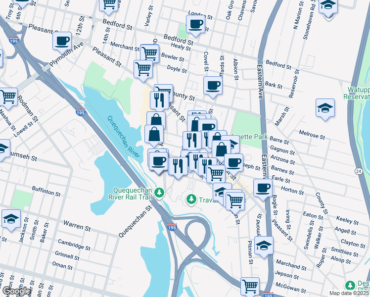 map of restaurants, bars, coffee shops, grocery stores, and more near 281 Harrison Street in Fall River
