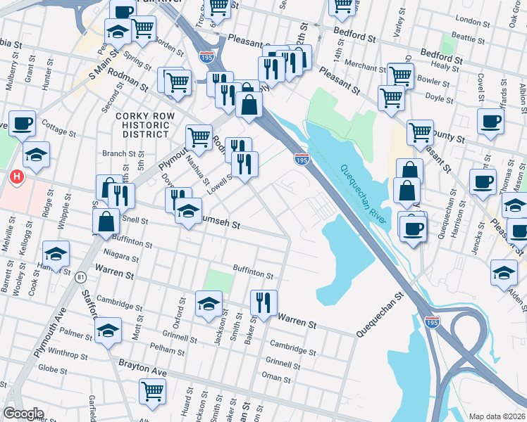 map of restaurants, bars, coffee shops, grocery stores, and more near 434 Tecumseh Street in Fall River
