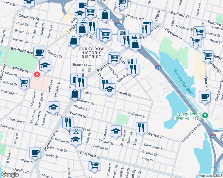 map of restaurants, bars, coffee shops, grocery stores, and more near 296 Snell Street in Fall River