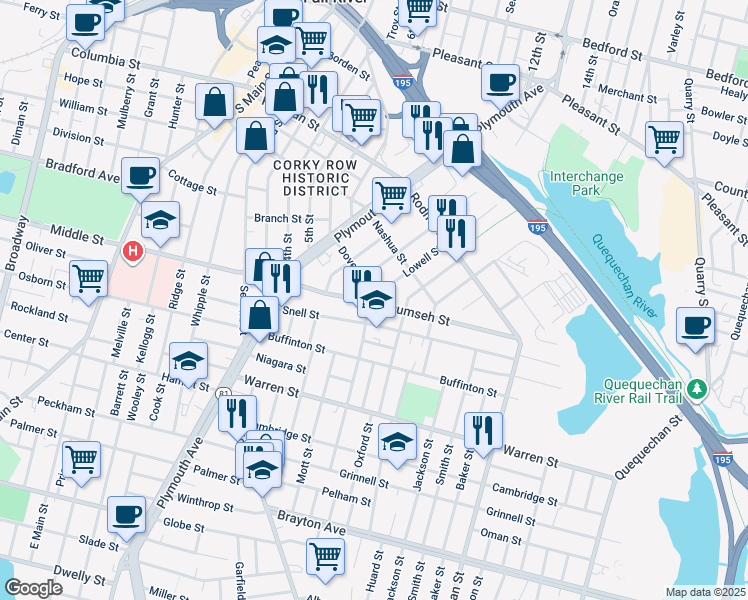 map of restaurants, bars, coffee shops, grocery stores, and more near 208 Snell Street in Fall River