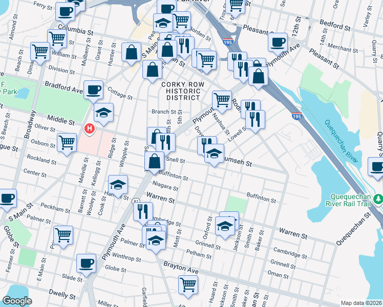 map of restaurants, bars, coffee shops, grocery stores, and more near 135 Snell Street in Fall River