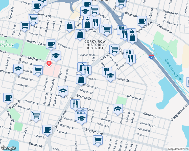 map of restaurants, bars, coffee shops, grocery stores, and more near 61 Tecumseh Street in Fall River