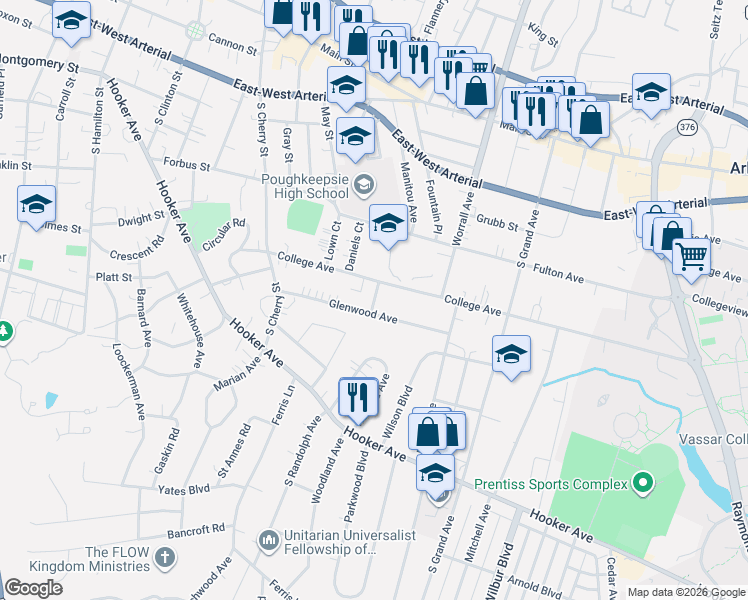 map of restaurants, bars, coffee shops, grocery stores, and more near 44 Glenwood Avenue in Poughkeepsie