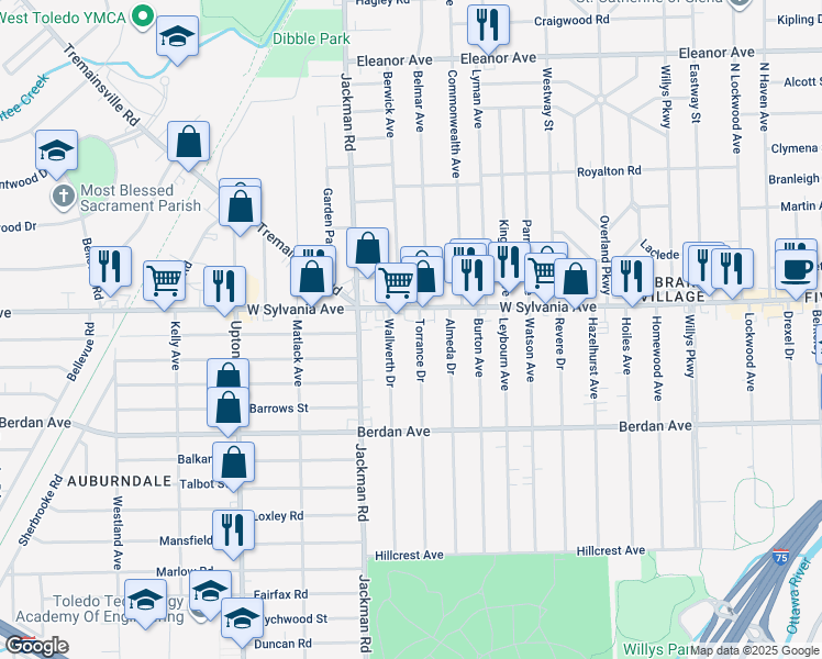 map of restaurants, bars, coffee shops, grocery stores, and more near 1617 Gens Drive in Toledo