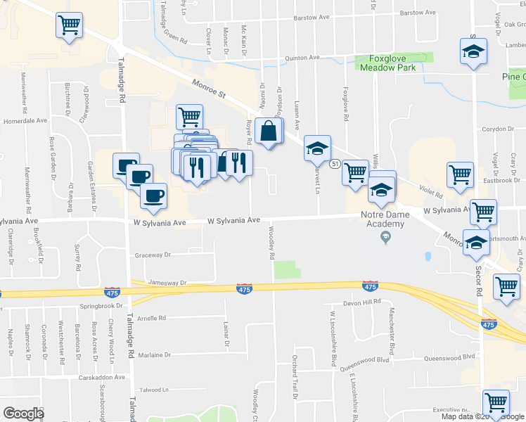 map of restaurants, bars, coffee shops, grocery stores, and more near 3927 West Sylvania Avenue in Toledo