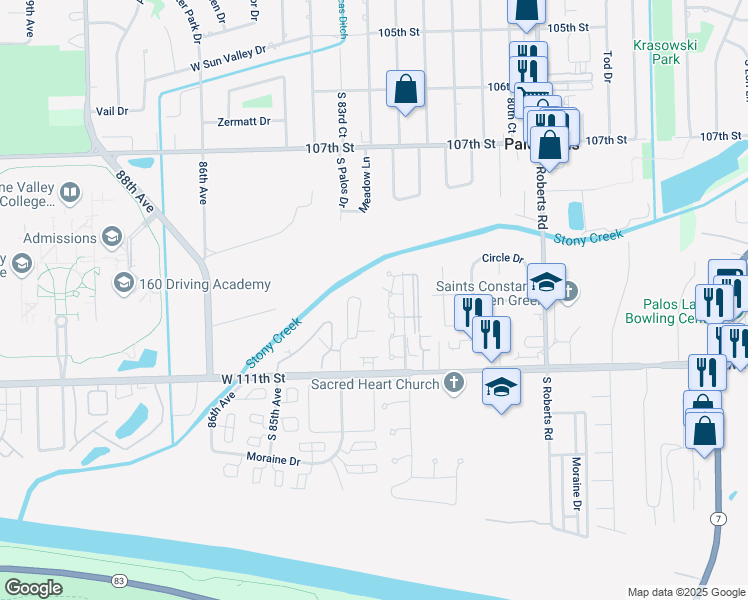 map of restaurants, bars, coffee shops, grocery stores, and more near 3 Millstone Court in Palos Hills