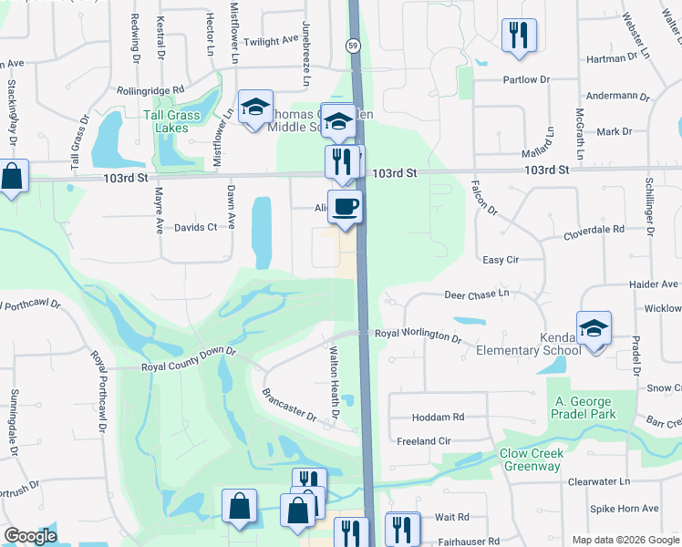 map of restaurants, bars, coffee shops, grocery stores, and more near 24032 Royal Worlington Drive in Naperville