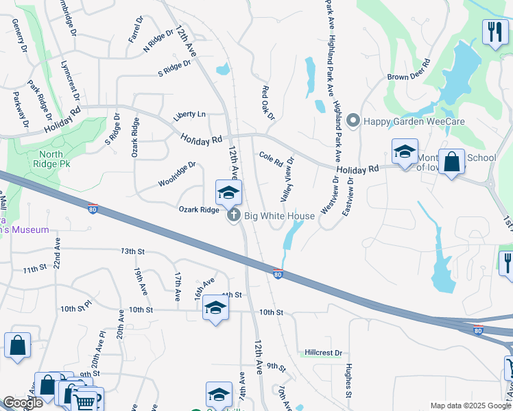 map of restaurants, bars, coffee shops, grocery stores, and more near 1461 Valley View Drive in Coralville
