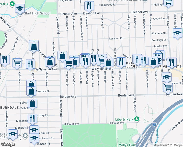 map of restaurants, bars, coffee shops, grocery stores, and more near 3921 Burton Avenue in Toledo