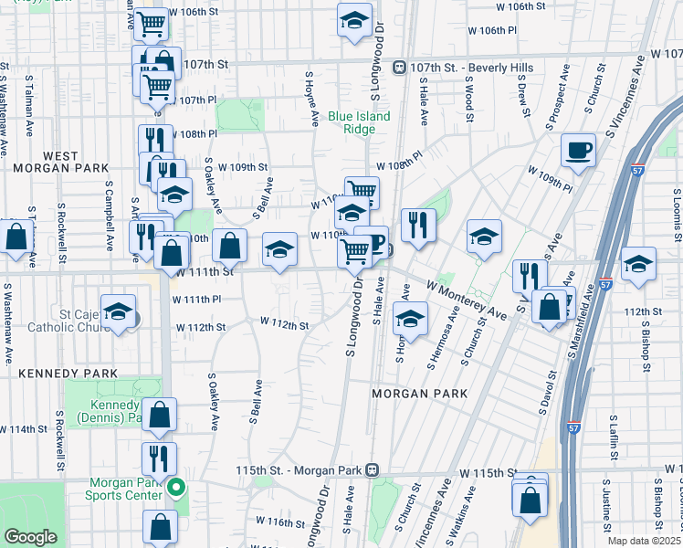 map of restaurants, bars, coffee shops, grocery stores, and more near 11131 South Hoyne Avenue in Chicago