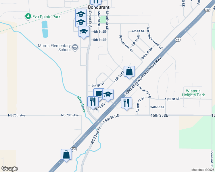 map of restaurants, bars, coffee shops, grocery stores, and more near 210 11th Street Southeast in Bondurant