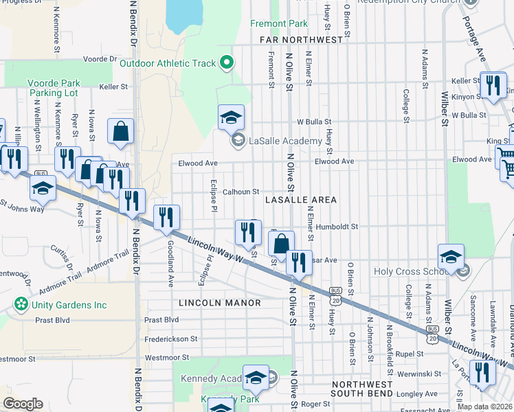 map of restaurants, bars, coffee shops, grocery stores, and more near in South Bend
