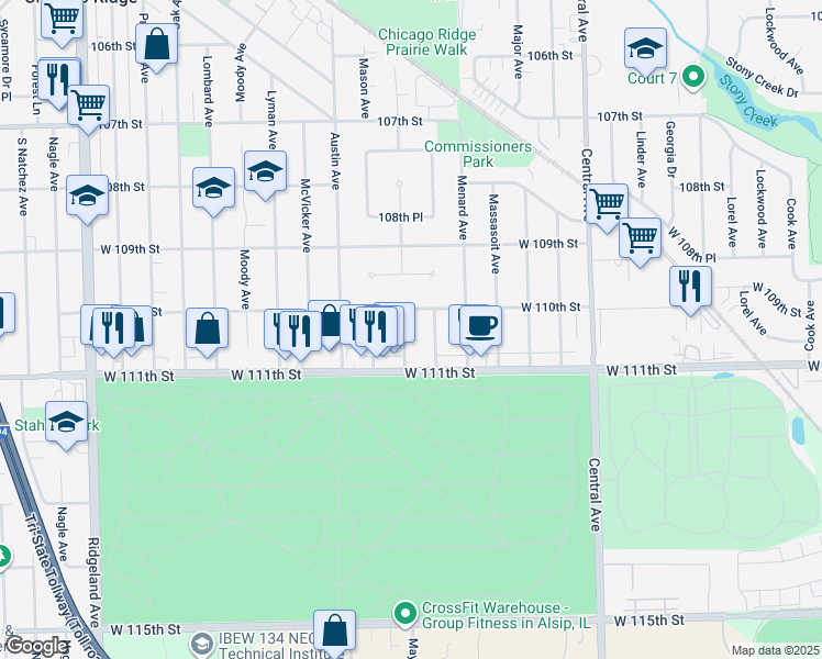 map of restaurants, bars, coffee shops, grocery stores, and more near 11013 Mayfield Avenue in Chicago Ridge