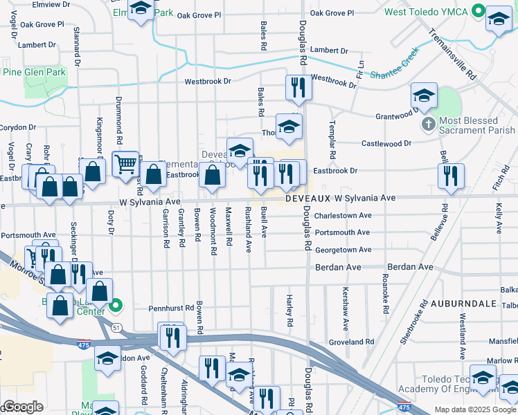 map of restaurants, bars, coffee shops, grocery stores, and more near 3918 Rushland Avenue in Toledo