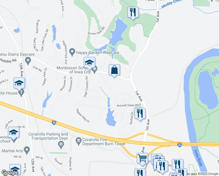 map of restaurants, bars, coffee shops, grocery stores, and more near 15 Holiday Ridge Lane in Coralville