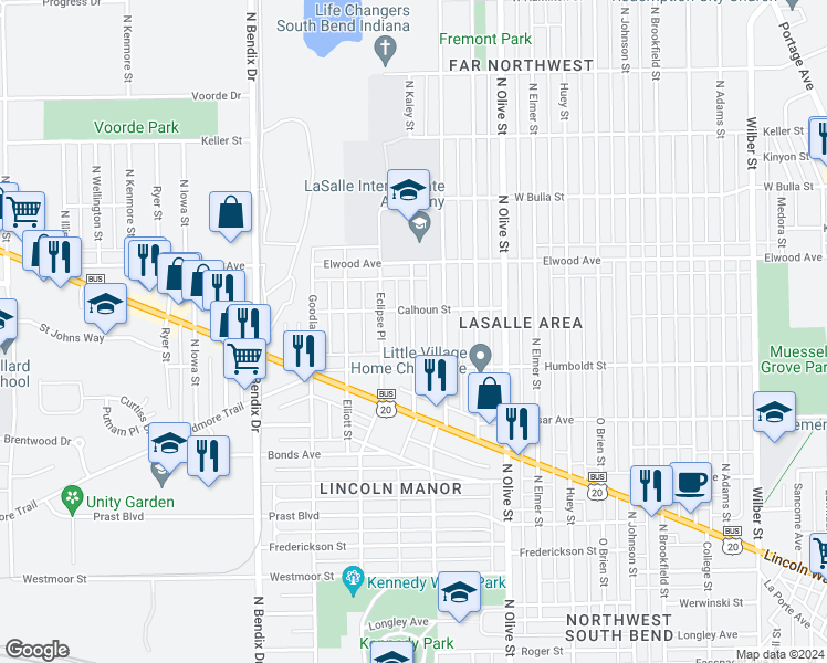 map of restaurants, bars, coffee shops, grocery stores, and more near 1232 North Kaley Street in South Bend