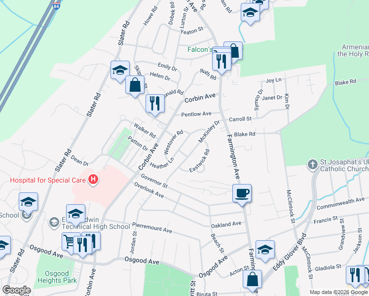 map of restaurants, bars, coffee shops, grocery stores, and more near 73 Westover Road in New Britain