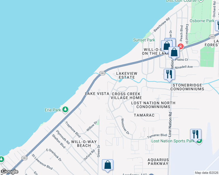 map of restaurants, bars, coffee shops, grocery stores, and more near 1240 Leeward Lane in Willoughby