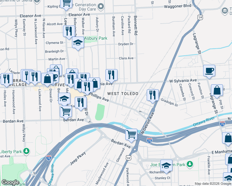 map of restaurants, bars, coffee shops, grocery stores, and more near 3854 Burnham Avenue in Toledo