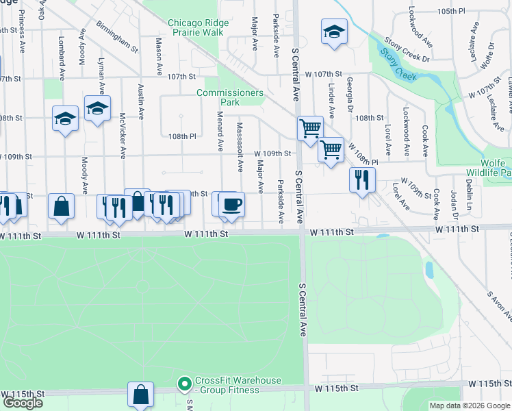 map of restaurants, bars, coffee shops, grocery stores, and more near 10956 Major Avenue in Chicago Ridge