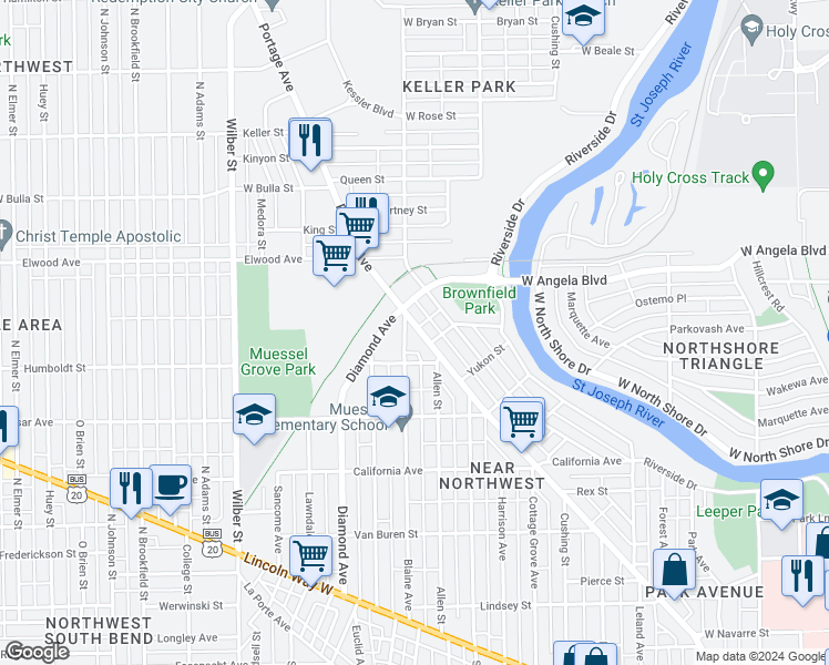 map of restaurants, bars, coffee shops, grocery stores, and more near 1243 Portage Avenue in South Bend