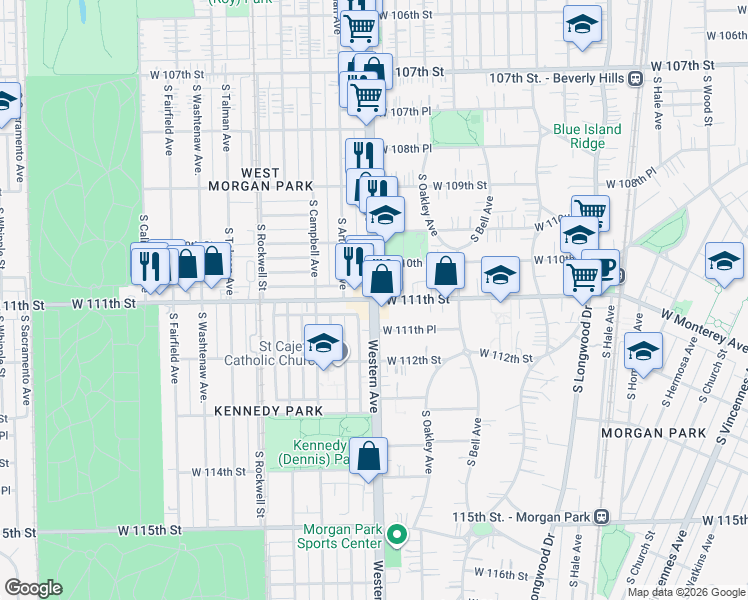 map of restaurants, bars, coffee shops, grocery stores, and more near South Western Avenue & West 111th Street in Chicago