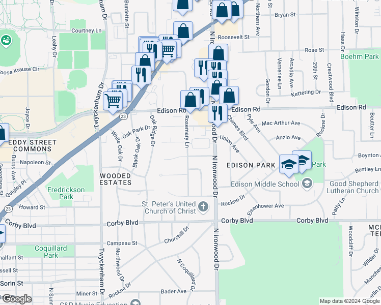 map of restaurants, bars, coffee shops, grocery stores, and more near 1202 Rosemary Lane in South Bend
