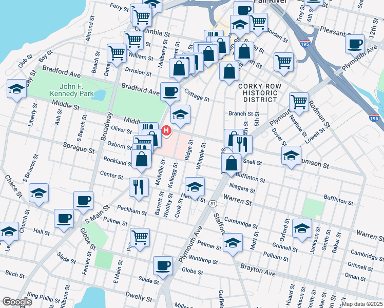 map of restaurants, bars, coffee shops, grocery stores, and more near 370 Ridge Street in Fall River
