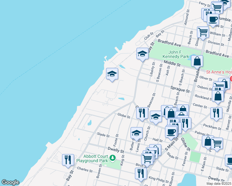 map of restaurants, bars, coffee shops, grocery stores, and more near 206 Globe Mills Avenue in Fall River