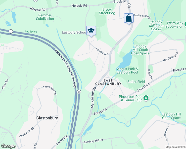 map of restaurants, bars, coffee shops, grocery stores, and more near 76 Crosby Road in Glastonbury