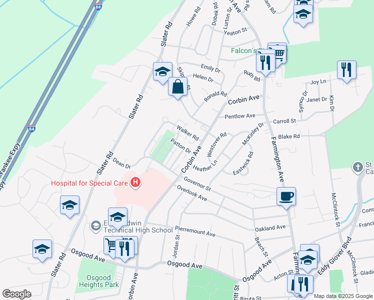 map of restaurants, bars, coffee shops, grocery stores, and more near 37 Patton Drive in New Britain