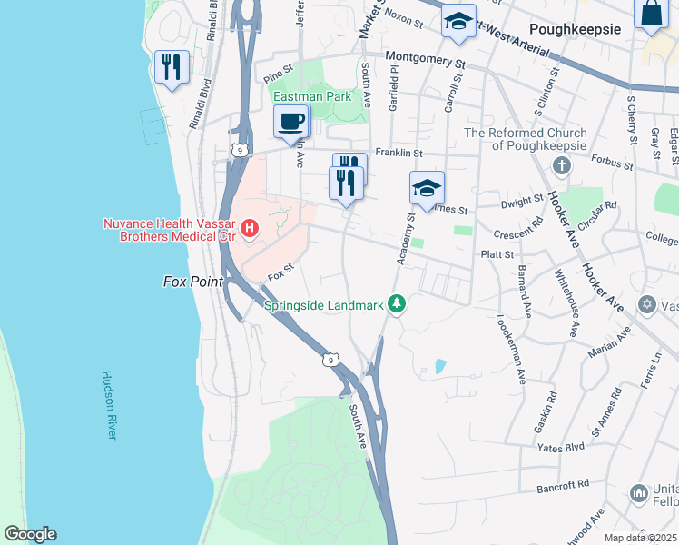 map of restaurants, bars, coffee shops, grocery stores, and more near 162 South Avenue in Poughkeepsie