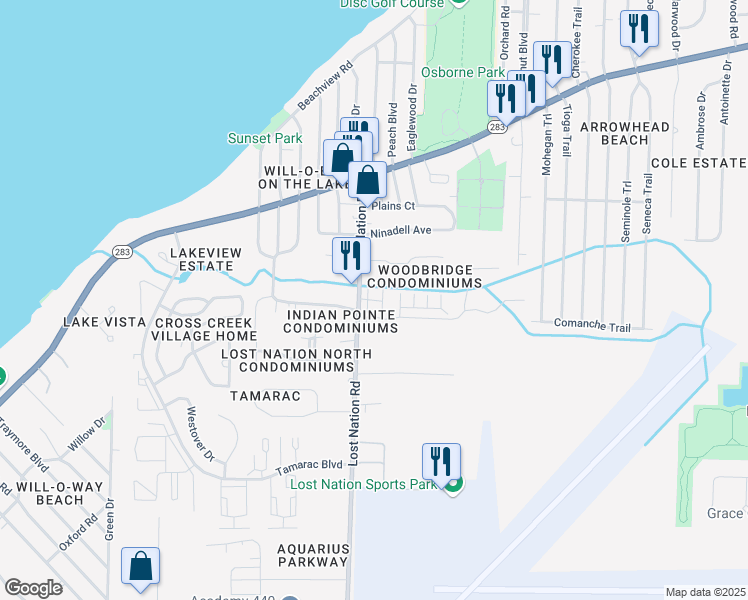 map of restaurants, bars, coffee shops, grocery stores, and more near 1225 Lost Nation Road in Willoughby
