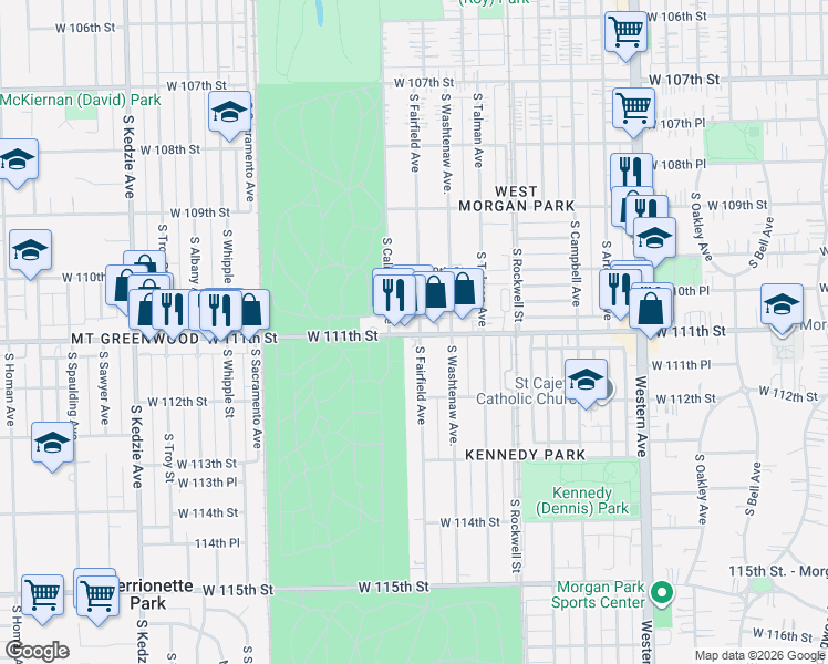map of restaurants, bars, coffee shops, grocery stores, and more near 11036 South Fairfield Avenue in Chicago