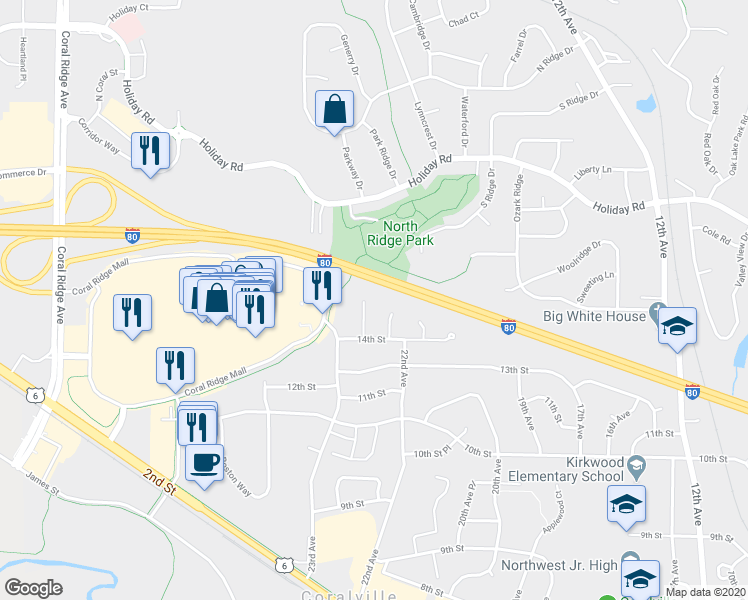 map of restaurants, bars, coffee shops, grocery stores, and more near 1433 Kodiak Court in Coralville