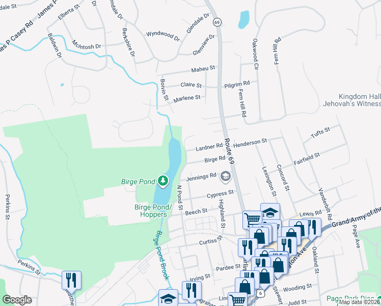 map of restaurants, bars, coffee shops, grocery stores, and more near 220 North Pond Street in Bristol