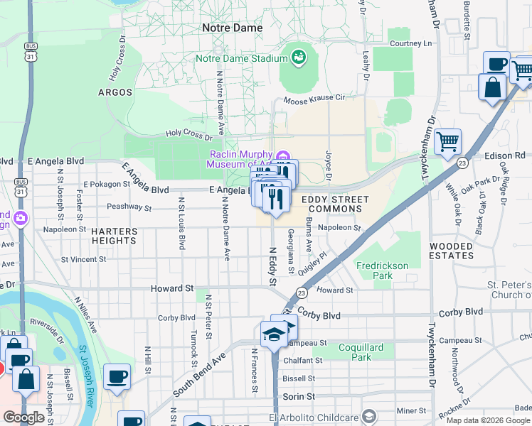 map of restaurants, bars, coffee shops, grocery stores, and more near 1234 North Notre Dame Avenue in South Bend