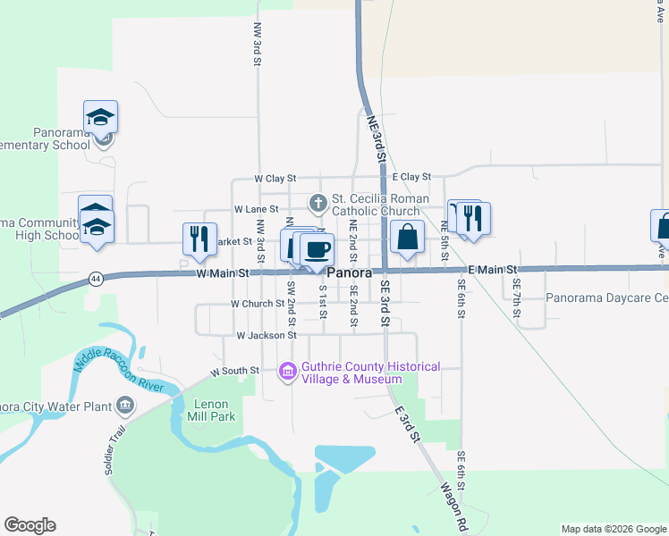 map of restaurants, bars, coffee shops, grocery stores, and more near 112 East Market Street in Panora