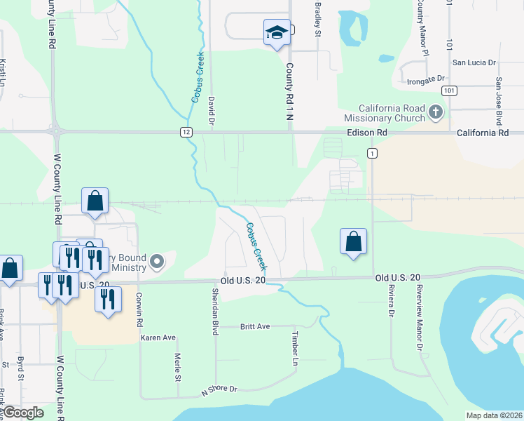 map of restaurants, bars, coffee shops, grocery stores, and more near 55275 Osborn Avenue in Elkhart