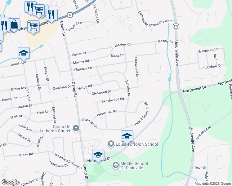 map of restaurants, bars, coffee shops, grocery stores, and more near 96 Glennwood Drive in Plainville