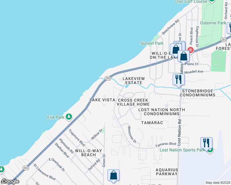 map of restaurants, bars, coffee shops, grocery stores, and more near 1240 Leeward Lane in Willoughby