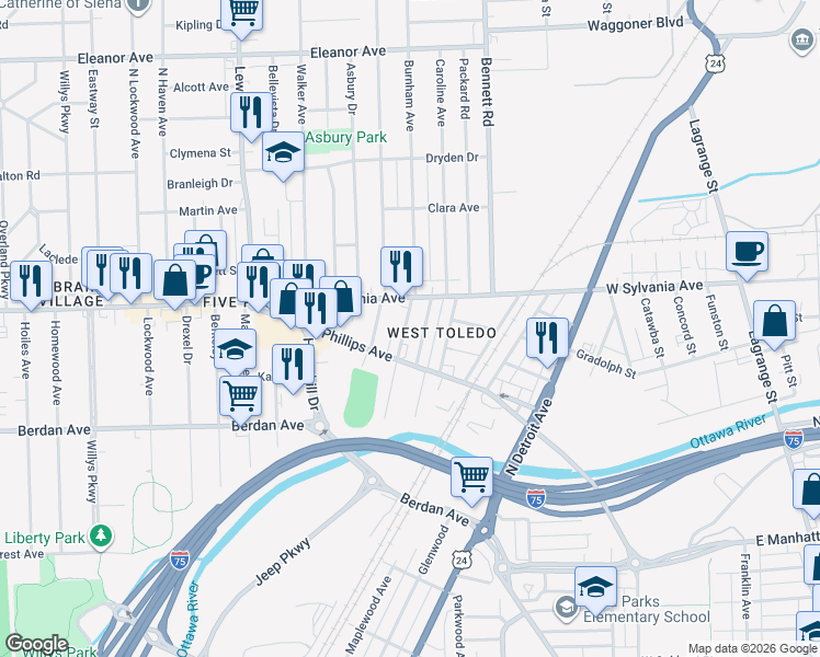 map of restaurants, bars, coffee shops, grocery stores, and more near 3854 Burnham Avenue in Toledo