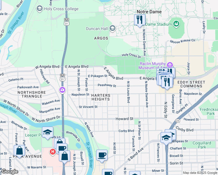 map of restaurants, bars, coffee shops, grocery stores, and more near 1224 North Lawrence Street in South Bend