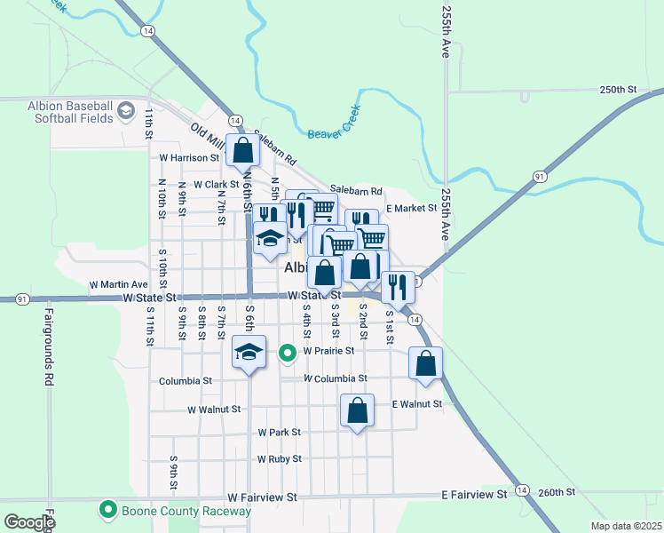 map of restaurants, bars, coffee shops, grocery stores, and more near 310 West Church Street in Albion