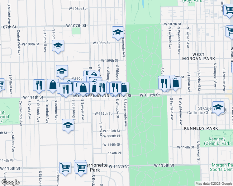 map of restaurants, bars, coffee shops, grocery stores, and more near 11032 South Whipple Street in Chicago