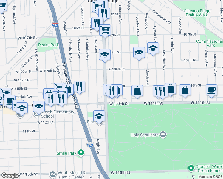 map of restaurants, bars, coffee shops, grocery stores, and more near 10949 Ridgeland Avenue in Chicago Ridge