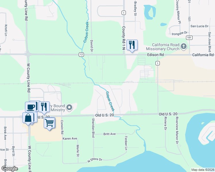 map of restaurants, bars, coffee shops, grocery stores, and more near 55275 Osborn Avenue in Elkhart
