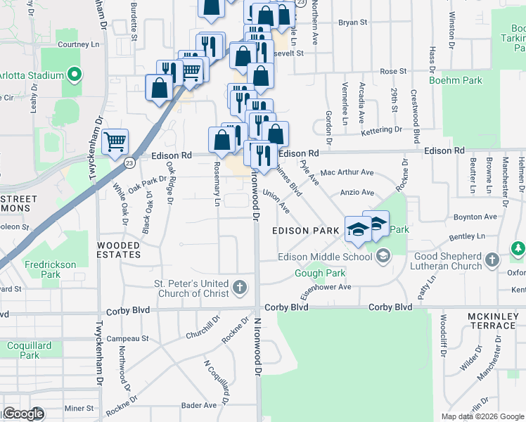 map of restaurants, bars, coffee shops, grocery stores, and more near 2204 Union Avenue in South Bend